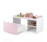 CostwayMeuble de Rangement Enfant Bureau Enfant avec Coffre Mobile Plateau Spacieux Étagère Couvercle Relevable 4 Roulettes Rose