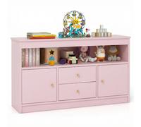 CostwayMeuble de Rangement pour Jouets d?Enfants Bibliothèque en Bois pour Enfants Etagère Ouverte 2 Tiroirs 2 Portes Rose