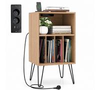 CostwayMeuble pour Platine Vinyle Support avec Station de Charge Rangement pour Vinyles et Compartiments Table de Rangement Naturel