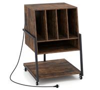 CostwayMeuble Vinyle Rangement Vinyle avec Prise Multiple Roulettes à Frein et Étagères&Compartiments Support à Tourne Disque Marron Rustique