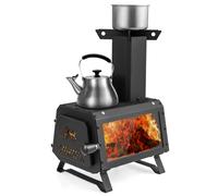 CostwayMini Poêle à Bois Portable en Acier Carbone avec 2 Positions de Cuisson Réchaud à Bois avec Poignée Anti-brûlure Fenêtre en Verre Résistant