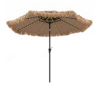 CostwayParasol Ø290 cm Double Toit Ventilé LED Multicolores Manivelle Pratique 8 Baleines Métal 30° Inclinaison Style Hawaïen en Paille PE Brun