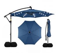 CostwayParasol Déporté 3 x 3M Parasol de Jardin avec Lumière Solaire Rotation 360° 8 Baleines en Métal Toit de Ventilation 2 Sacs de Sable Bleu