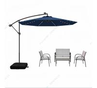 CostwayParasol Déporté 3m LED Solaire Imperméable Bleu + Salon de Jardin 4 Places Gris Anti-UV Textilene pour Jardin Piscine Patio