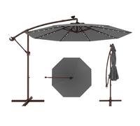 CostwayParasol Déporté Solaire de 300 cm 40 Perles de Lampe Panneau Solaire Réglage de l'Inclinaison Base Croisée Manivelle Gris