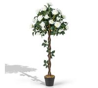CostwayPlante Artificielle de 120cm en Pot Fausse Rosier à Fleurs avec Pot de Pépinière Roses Blanches Arbre à Fleurs Artificiel Décoration Moderne
