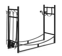 CostwayPorte Bûches 85 x 33 x 77 CM Range Bûches Serviteur de Cheminée avec 4 Outils Grande 2 Crochets Amovibles Structures Métalliques Noir
