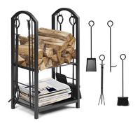 CostwayPorte-bûches avec Accessoires de Cheminée 4 Pcs Support à Bois avec Tisonnier Pince Brosse et Pelle Étagère à Bois Serviteur Noir