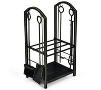 CostwayPorte-bûches avec Accessoires de Cheminée 4 Pcs Support à Bois avec Tisonnier Pince Brosse et Pelle Étagère à Bois Serviteur Bronze