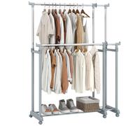 CostwayPorte-Vêtements à Double Tringle en Métal Robuste avec Hauteur et Largeur Extensibles Portant Roulant Réglable avec Roulettes