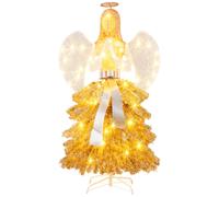 CostwaySapin de Noël Artificiel Illuminé de 157 cm en Forme d?Ange Décoration de Noël avec LED Blanc Chaud Feuilles Dorées Piquets