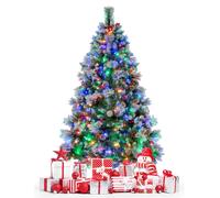 CostwaySapin de Noël Artificiel Illuminé de 185 cm à Charnière avec 747 Branches 350 Lumières LED 55 Pommes de Pin et 55 Baies Rouges 11 Modes d'Éclairage