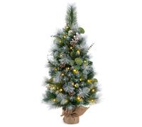 CostwaySapin de Noël Artificiel Pré-éclairé 90cm Décoration de Table 98 Aiguilles de Pin Floquées Baies Pommes de Pin 30 Lumières LED Blanc Chaud