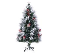 CostwaySapin de Noël Floqué Pointes de Branches Grappes de Baies Rouges Pommes de Pin Fibres Optiques Lumières LED 8 Modes d'Eclairage 150CM