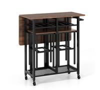 CostwayTable à Manger Extensible 3 Pièces Roulante avec Porte-bouteilles de Vin de 6 Places et Poignée Latérale Table de Petit-déjeuner Pliable Marron Rustique