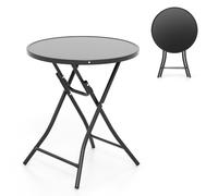 CostwayTable Basse de Jardin Pliante en Verre Trempé Cadre en Métal Dispositif de Fixation Table d'Appoint Extérieure Ronde Noir