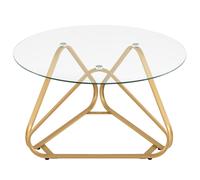 CostwayTable Basse Ronde 80 cm Table Basse avec Plateau en Verre Trempé Pieds Métalliques en Forme de V 6 Patins Réglables Meuble d?Appoint Or