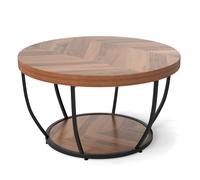 CostwayTable Basse Ronde de 80 cm a 2 Niveaux Table de Cocktail avec Cadre en Métal Robuste Table d'Appoint avec Plateau en Faux Bois Naturel