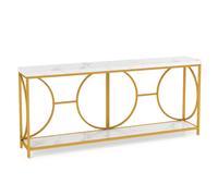 CostwayTable Console à 2 Étages avec Plateau en Faux Marbre Table Console Vtroite de 180cm Cadre en Métal Résistant Table Longue pour Canapé Blanc
