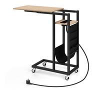 CostwayTable d?Appoint en Forme de ?C? avec Station de Charge Table Roulante avec Plateau Rétractable Poche de Rangement Gris