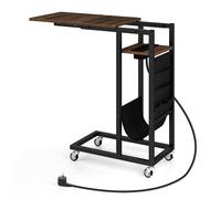 CostwayTable d?Appoint en Forme de ?C? avec Station de Charge Table Roulante avec Plateau Rétractable Poche de Rangement Marron Rustique