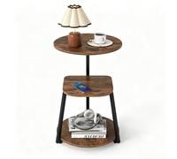 CostwayTable d?Appoint Ronde 3 Niveaux Table de Chevet Industrielle avec Station de Charge Intégrée Structure Métal Plateaux Effet Bois Marron