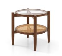 CostwayTable d?Appoint Ronde en Bois Bout de Canape avec Plateau en Verre Trempé Design Cannage en Rotin PE Petite Table Basse Salon 56 x 56 x 46 cm