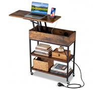 CostwayTable d'Appoint à Plateau Relevable avec Station de Charge Table Latérale Roulante avec Compartiment de Rangement Caché Marron