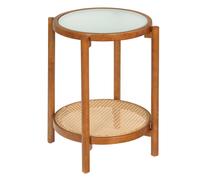 CostwayTable d'Appoint Ronde Bout de Canapé 2 Niveaux avec Étagère Rotin Plateau en Verre Trempé Pieds en Bois d'Acacia 47,5 x 47,5 x 58 cm Noyer