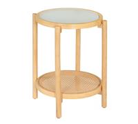 CostwayTable d'Appoint Ronde Bout de Canapé 2 Niveaux avec Étagère Rotin Plateau en Verre Trempé Pieds en Bois d'Acacia 47,5 x 47,5 x 58 cm Naturel