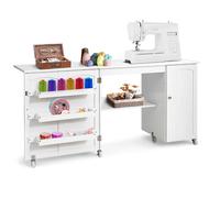 CostwayTable de Couture Pliable 3 Etagères pour Bobines Roulettes Verrouillables158 x 50 x 75cm (L x l x H) Blanc
