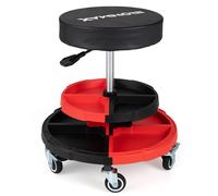 CostwayTabouret d'Atelier à Roulettes avec 2 Plateaux et Hauteur Réglable Chaise d'Atelier Pivotante avec Siège Rond Rembourré Charge 150kg Rouge