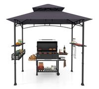 CostwayTonnelle de Barbecue 242x153cm avec 2 Etagères Latérales Abri Barbecue Cadre en Métal avec Panier de Rangement Gris Foncé