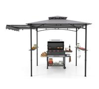 CostwayTonnelle de Barbecue 318 x 153 cm avec Auvent Latéral Abri Barbecue Cadre en Métal avec Dessus à 2 Niveaux 2 Etagères Gris