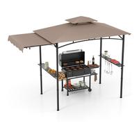 CostwayTonnelle de Barbecue 318 x 153 cm avec Auvent Latéral Abri Barbecue Cadre en Métal avec Dessus à 2 Niveaux 2 Etagères Café
