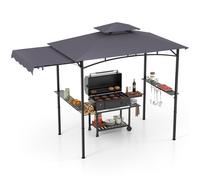 CostwayTonnelle de Barbecue 318 x 153 cm avec Auvent Latéral Abri Barbecue Cadre en Métal avec Dessus à 2 Niveaux 2 Etagères Gris Foncé