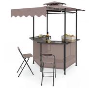 CostwayTonnelle de Barbecue 3PCS Ensemble Bar de Jardin avec Table 2 Chaises Pliables Double Toit Imperméable Auvent Latéral Étagères Brun