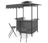 CostwayTonnelle de Barbecue 3PCS Ensemble Bar de Jardin avec Table 2 Chaises Pliables Double Toit Imperméable Auvent Latéral Étagères Terrasse