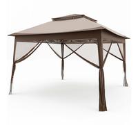 CostwayTonnelle de Jardin 330 x 330 cm avec Double Toit et 4 Moustiquaires Hauteur Réglable Sac de Transport à Roulettes pour Fête Camping BBQ Kaki