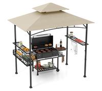 CostwayTonnelle pour Barbecue 242 x 153 CM 2 Etagères Latérales Panier de Rangement Crochets de Suspension Décapsuleur Cadre en Métal Beige