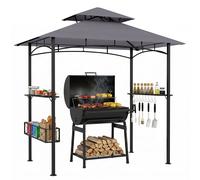 CostwayTonnelle pour Barbecue Abri Barbecue Extérieur avec Double Toit Ventilé Étagères Crochets Panier de Rangement Tonnelle de Jardin Gris