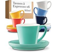 Cosumy 6 Tasses à Café Expresso 70 ml Colorées - Soucoupes - Céramique | Service complet pour 6 personnes, empilables pour gagner de la place, coffret cadeau fourni, lave-vaisselle