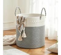 COSYLAND Panier à Linge Rond 64L en Corde de Coton, Corbeille à Linge et Panier de Rangement avec Poignées, pour Linge Sale, Chambre et Buanderie, 40 x 25,5 cm, Blanc et Gris Clair