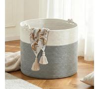 COSYLAND Panier à Linge Rond 88L en Corde de Coton, Grande Corbeille à Linge et Panier de Rangement avec Poignées, pour Linge Sale, Chambre et Buanderie, 56 x 36 cm, Blanc et Gris Clair