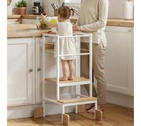 COSYLAND Tour d'Observation Enfant: Acier 3 Hauteurs Blanc et Bois | Structure en acier renforcé, Plateforme réglable 3 hauteurs, Charge nominale 50 kg, Cuisine et salle de bain pour enfants