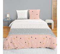 CÔTE DECO Parure de lit 220x240 cm Adulte en Microfibre géométrique- Housse de Couette 220x240 cm + 2 Taies d'oreiller 63x63 cm scandinave Rose, Gris et Blanc - Set de Housse de Couette en Microfibre
