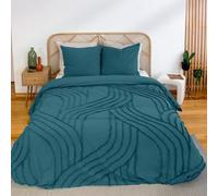 CÔTE DECO Parure de Lit 220x240 cm Adulte - Housse de Couette 220x240 cm + 2 Taies d'oreiller 63x63 cm Motif Géométrique - Set de Housse de Couette 100% Coton Lavé - Courbes Bleues