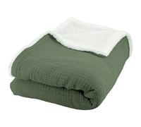 CÔTE DECO Plaid Polaire et Gaze de Coton 130x170cm, Couverture Vert Kaki