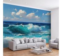 Côte Océanique Papier Peint Panoramique Intissé 450L x 315H cm, Abstrait Bleu Canard Vague Nuage Fresque Murale Design pour Chambre Bureau - Salle de Jeu Papier Peint Panoramique Facile à Poser