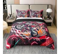 Coton Moto Racing Housse de Couette 240 x 260,Jeux de Sports Extrêmes Garçons Parure de Lit,Ensemble de Literie Rainbow Doodle Splash,Noir Rouge Couvre Lit,Couvre Lit Géométrique À Carreaux Néon